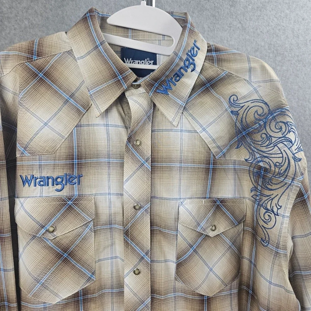 Wrangler Mens Plaid Western Pearl Snap Shirt Embroidered Rodeo Tan Blue L
